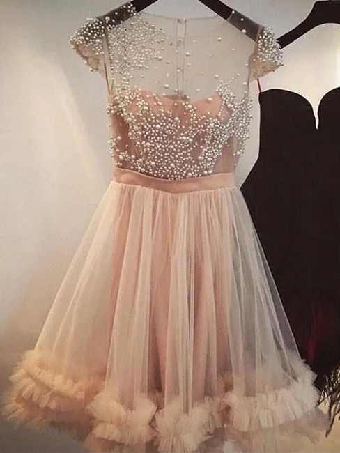 Huge Discounts Sexy Homecoming Dress Champagne Tulle Beading Short Prom Dress Party Dress JK290
