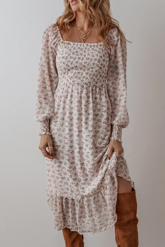 TIME-Limited Offer White Floral Print Shirred Ruffled Hem Square Neck Midi Dress