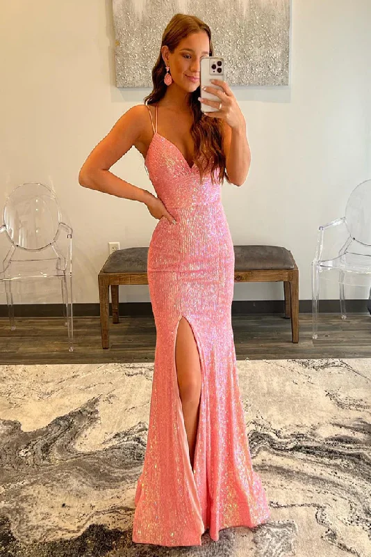Price Drop Alert Glitter Spaghetti Straps Mermaid Sequins Prom Dresse With Slit GJS741