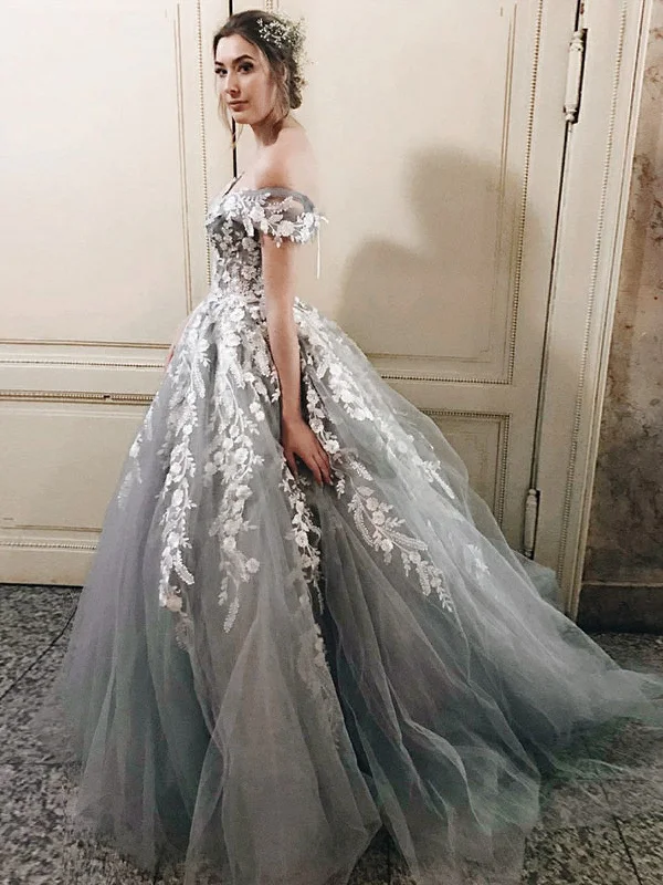Warehouse Sale Beautiful Prom Dresses Off-the-shoulder Sweep Train Fairy Grey Long Prom Dress JKL1092