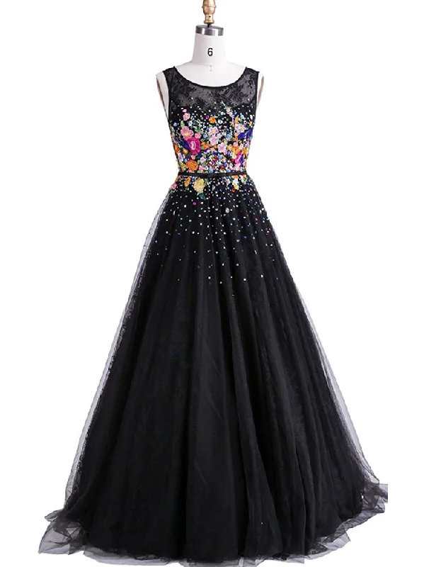 Midnight Madness Black Prom Dresses Sexy Scoop Floor-length Hand-Made Flower Long Prom Dress/Evening Dress JKL240