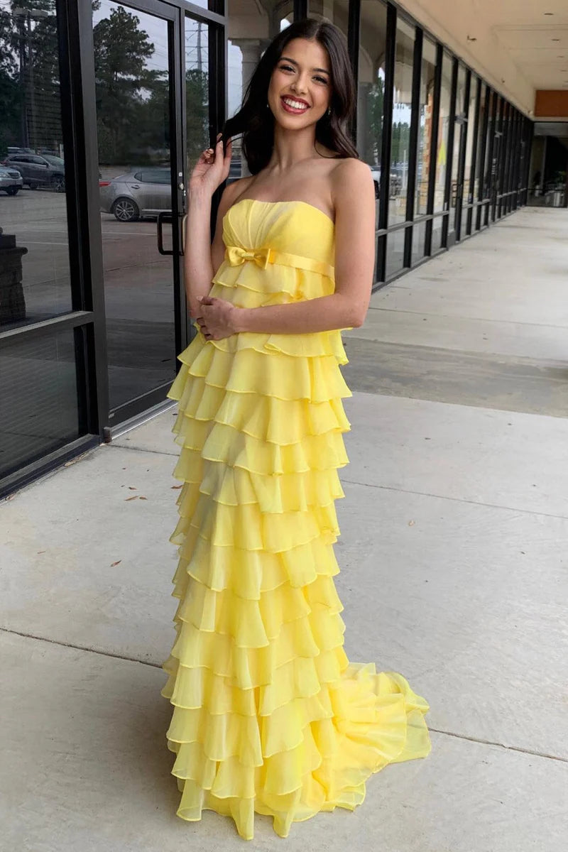 Exclusive Online Offer statement dressstatement dressChiffon A-Line Strapless Empire Tiered With Train Prom Dress Exclusive Online Offer statement dressstatement dressChiffon A-Line Strapless Empire Tiered With Train Prom Dress