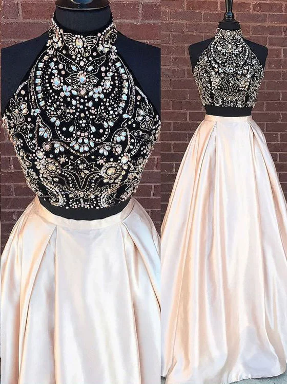 Super Sale Two Piece Prom Dresses High Neck A-line Floor-length Rhinestone Sexy Prom Dress JKL570
