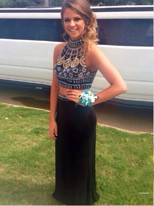 Bargain Prices Two Piece Prom Dresses Royal Blue Sparkly Prom Dress Long Black Evening Dress JKL1086