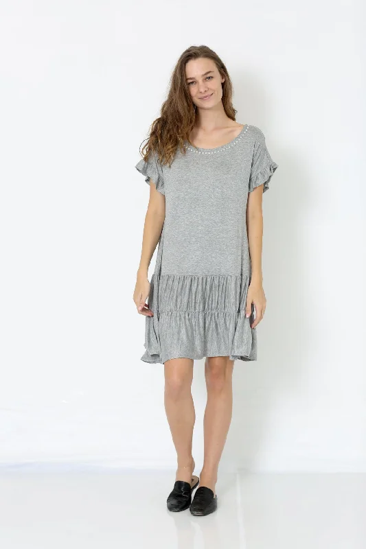 Season Finale Sale textured dresstextured dressSS DROP SHOULDER RUFFLE TIERED DRESS - D2658-H GREY