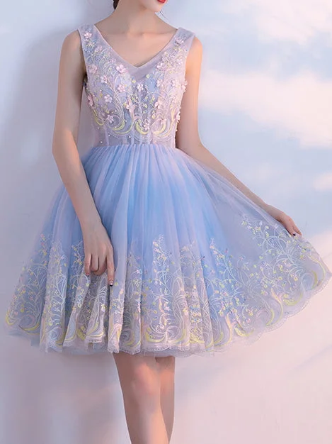 Shop and Save Beautiful Homecoming Dress V-neck Appliques Tulle Short Prom Dress Party Dress JK304