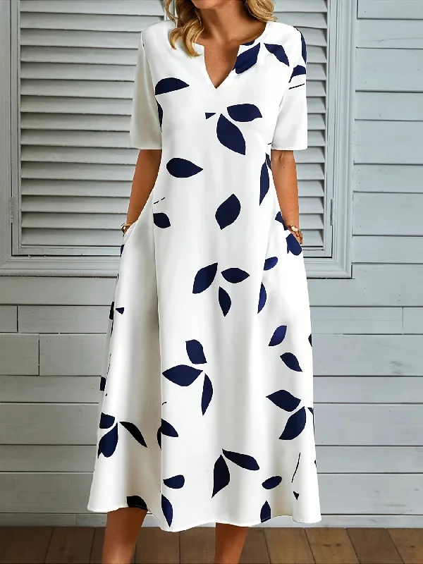 Members Only Floral V Neck Short Sleeve Dress, Pocket Ruffled Maxi Casual Dress