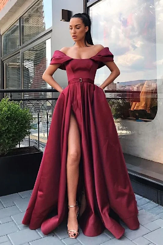 Special Promotion Off the Shoulder Burgundy Side Slit Prom Dress with Ribbon GJS726