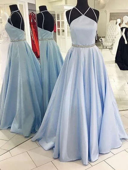 Year-End Sale Prom Dresses Light Sky Blue Halter Satin Prom Dress/Evening Dress #JKL013