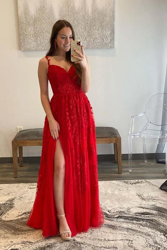 Early Access Beautiful A Line Spaghetti Straps Sweetheart  Tulle Prom Dresses with Appliques & Slit GJS740