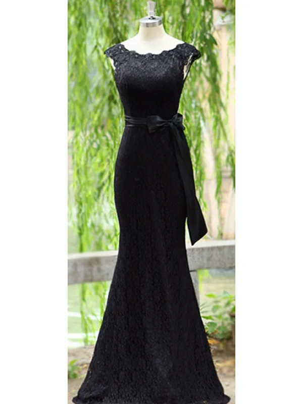 Seasonal Clearance Black Prom Dress Scoop Floor-length Lace Long Bowknot Prom Dress/Evening Dress JKL178