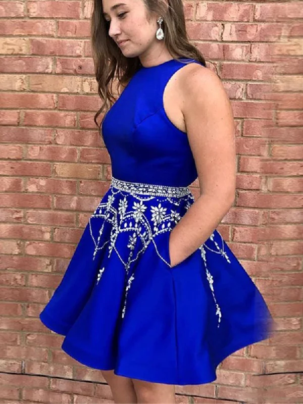 Great Bargains Royal Blue Homecoming Dresses Scoop Rhinestone Sparkly Short Prom Dress Party Dress JK836