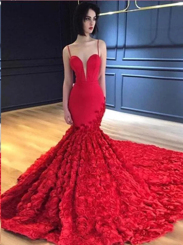 Steals and Deals Red Mermaid Prom Dresses Spaghetti Straps Trumpet Sweep Train Rose Lace Prom Dress JKL1117