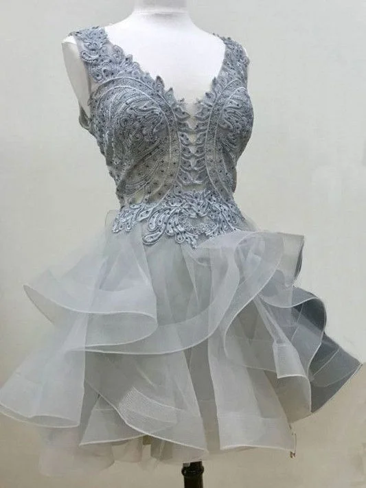 Take Advantage Chic Homecoming Dress Appliques V-neck Tulle Sexy Short Prom Dress Party Dress JK366