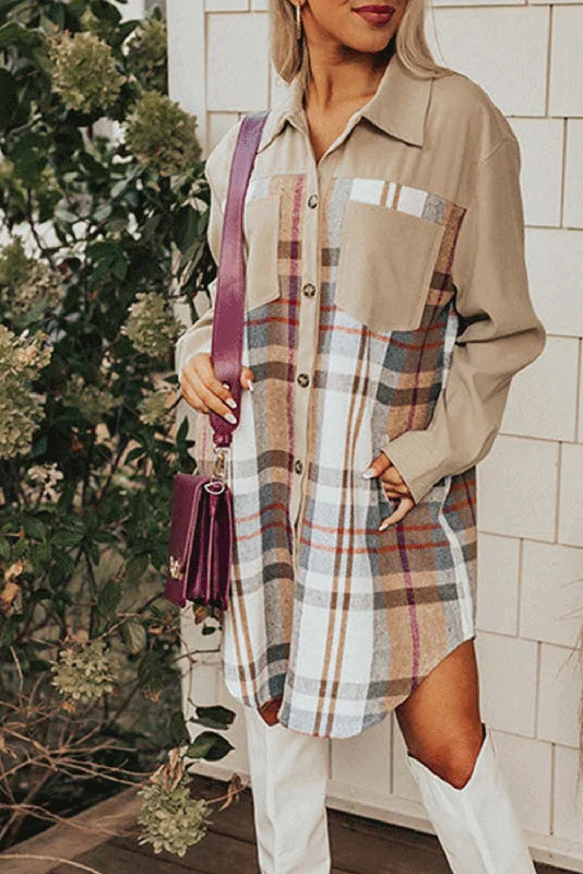 Midnight Madness Khaki Plaid Patchwork Long Sleeve Shirt Mini Dress