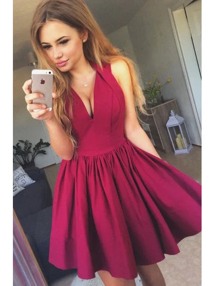 Markdowns Beautiful Homecoming Dress Sexy Halter Burgundy Satin Short Prom Dress Party Dress JK327