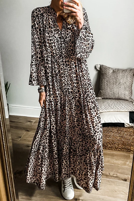 Weekend Flash Sale Apricot Leopard Print Tiered Wide Sleeve Maxi Dress