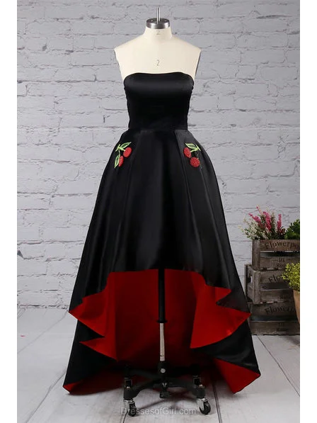 Super Sale Sexy Prom Dresses Strapless A-line Asymmetrical Black Satin Prom Dress/Evening Dress JKS118