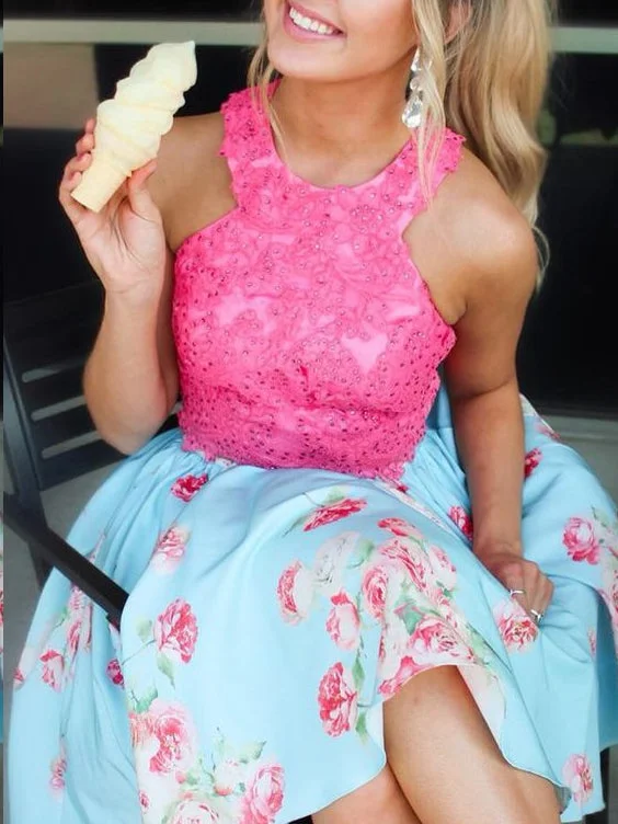 Price Cut Two Piece Homecoming Dresses A-line Floral Print Hot Pink Short Prom Dress Party Dress JK831