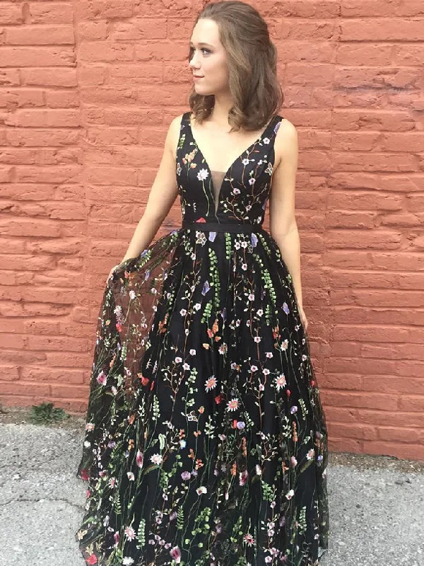 Best Seller Black Prom Dresses Straps A-line Floor-length Lace Beautiful Prom Dress JKL782
