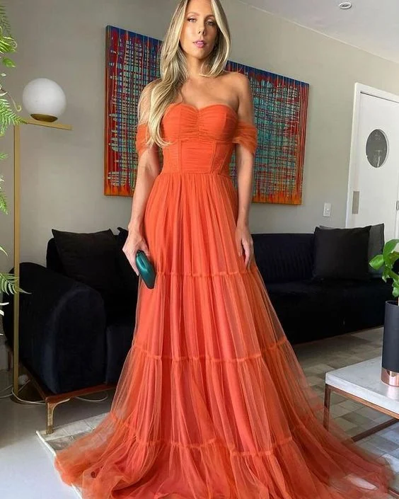 Amazing Deals flowy evening dressflowy evening dressElegant Off The Shoulder Orange Tulle Long Evening Dresses Y1059
