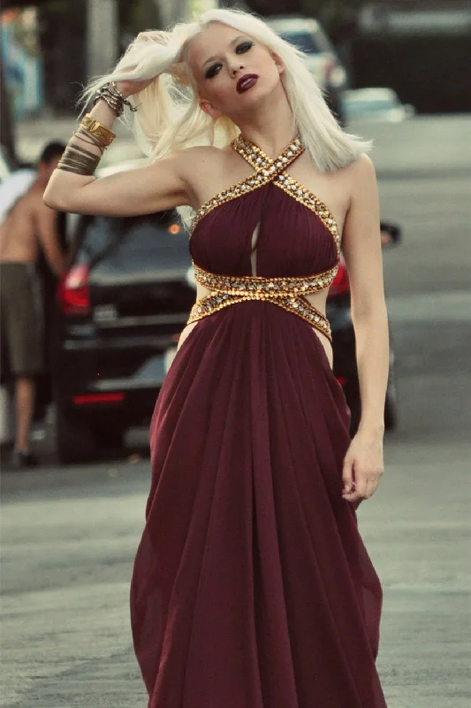 Price Drop A-line Halter Floor Length Chiffon Backless Beading Prom Dress