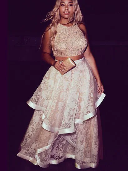 Bonus Savings Sexy Plus Size Prom Dresses Two Piece Lace Ivory Prom Dress JKP001