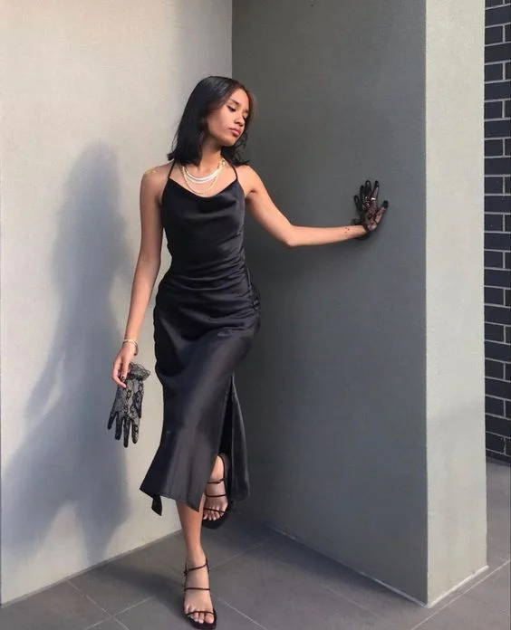 Super Sale casual midi dresscasual midi dressSimple Sheath Cowl Neck Black Tea Length Evening Dresses  Y1322