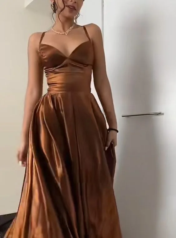 Sneak Peek Sale cocktail dresscocktail dressBrown V Neck Criss-Cross Back Spaghetti Strap Evening Dress Y799