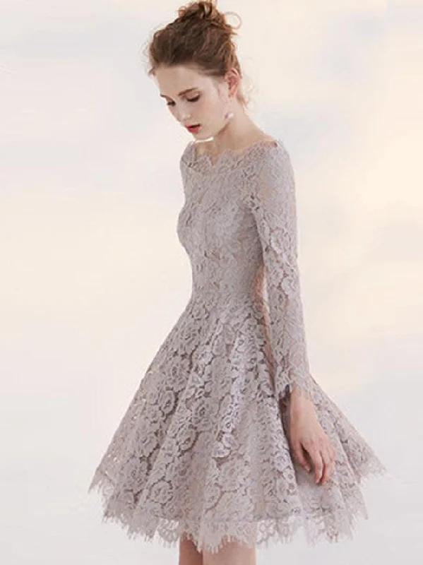 Quick Sale Lace Homecoming Dress A-line Off-the-shoulder Long Sleeve Short Prom Dress Chic Party Dress JK505