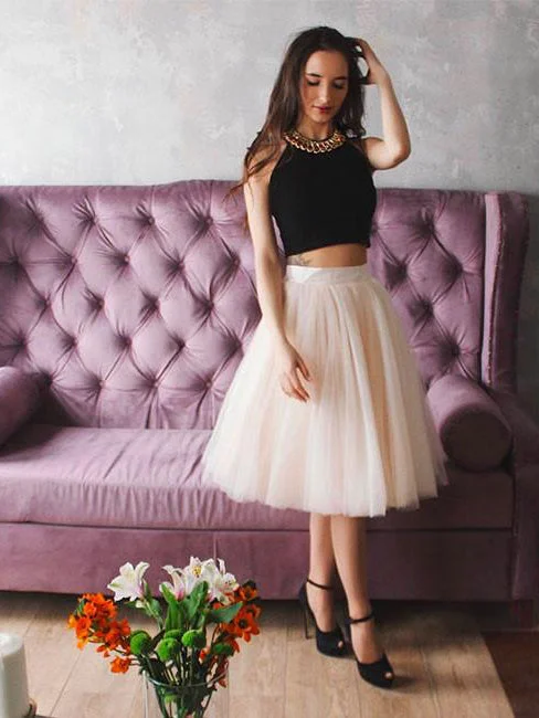 Price Smash Two Piece Black Homecoming Dress Sexy Halter Tulle Short Prom Dress Party Dress JK397