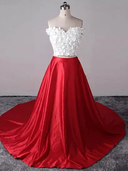 Price Smash Two Piece Prom Dresses Sexy Red White Off-the-shoulder Long Prom Dress/Evening Dress JKL245