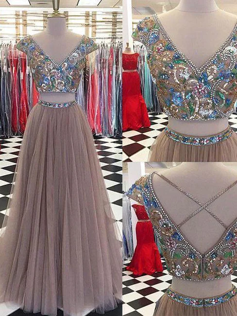 Season Finale Sale Two Piece Prom Dresses V-neck Floor-length Rhinestone Sexy Prom Dress JKL512