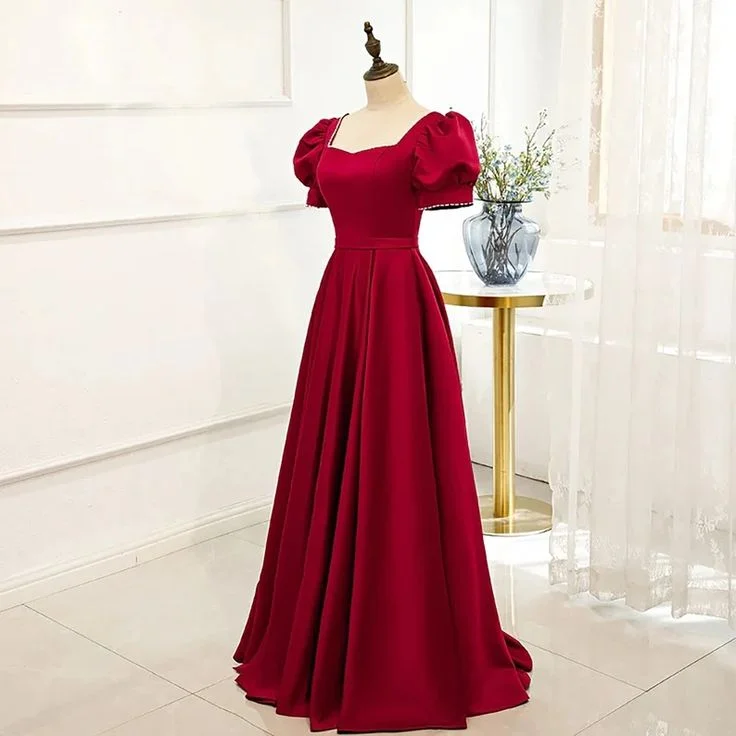 Discount Mania midi dressmidi dressRed Satin Prom Dress Red Dress Puff Sleeve Victorian Dress Y5151