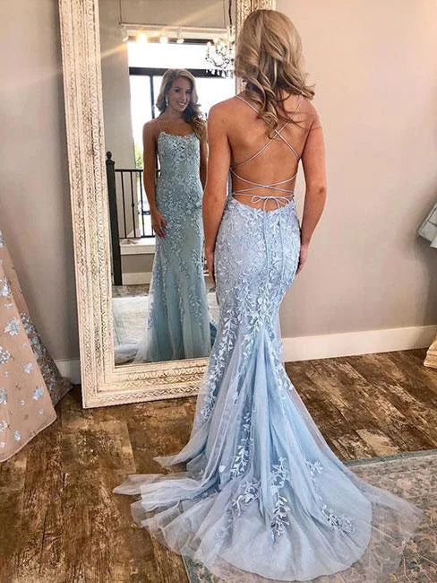 Customer Appreciation Sale Open Back Prom Dresses Spaghetti Straps Sweep Train Long Mermaid Blue Prom Dress JKL1380