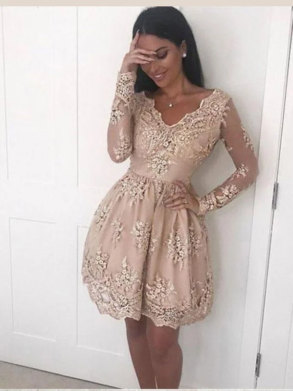Deal of the Week Long Sleeve Homecoming Dresses V neck A line Lace Short Prom Dress Party Dress JK711