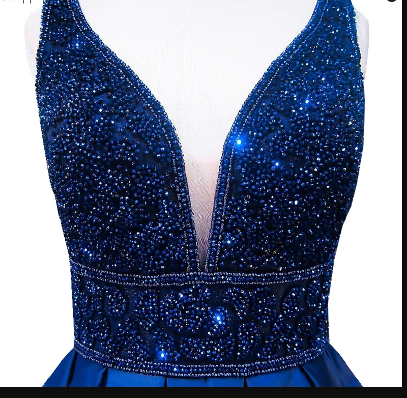 Super Deal printed dressprinted dressWomen's Long Evening Dress Navy Blue V-Neck Sleeveless Open Back Beaded Formal Evening Dress Y1193