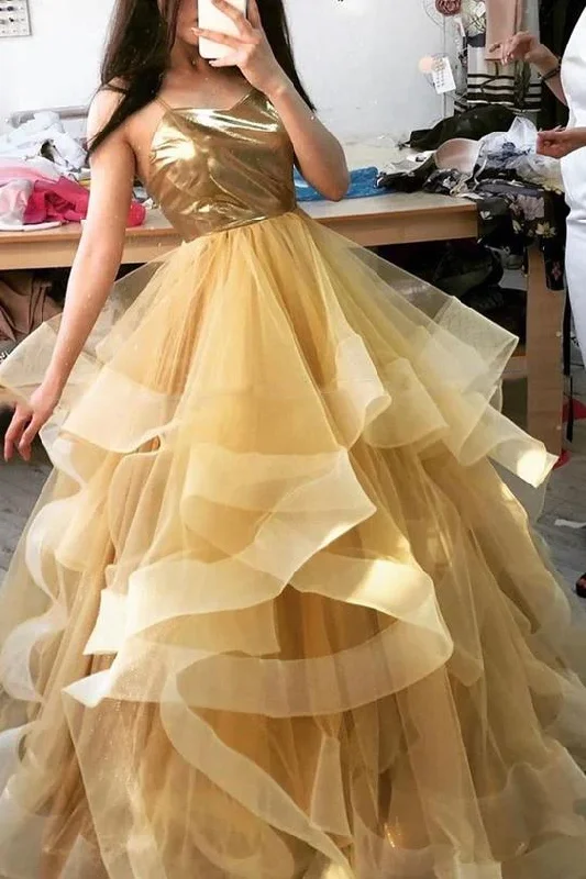 Time-Limited Offer Spaghetti-straps Gold Long Prom Dress, Sweet 16 Dance Dress GJS730