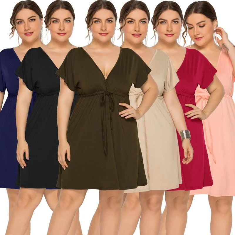 Bonus Savings casual slip dresscasual slip dressSolid color short sleeve deep V-neck short dress