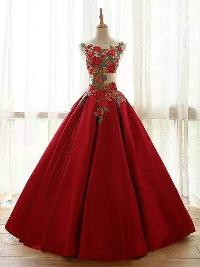 Buy Now Ball Gown Prom Dresses Floor-length Appliques Burgundy Long Prom Dress/Evening Dress JKS170