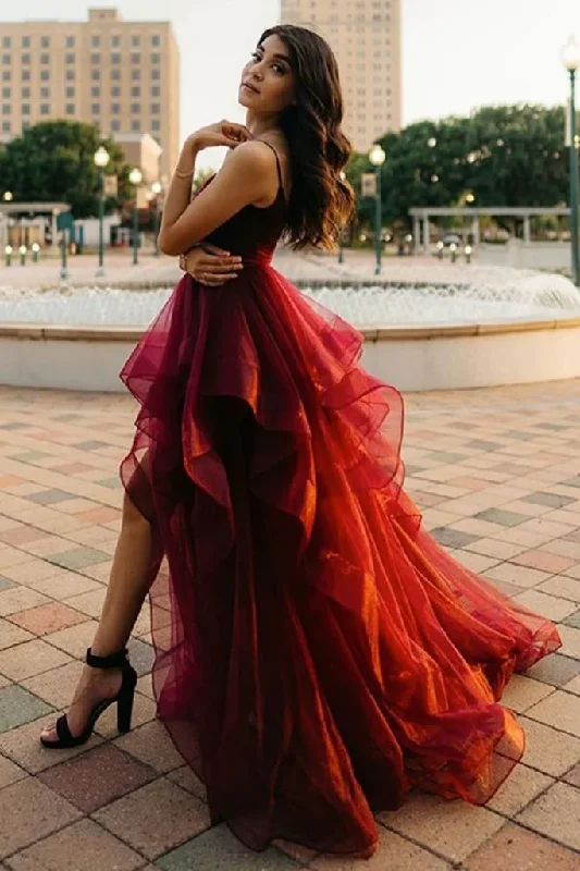 Stock Clearance pleated maxi dresspleated maxi dressHigh Low Burgundy Tulle Long Prom Dress, Wine Red High Low Formal Evening Dress Y1521