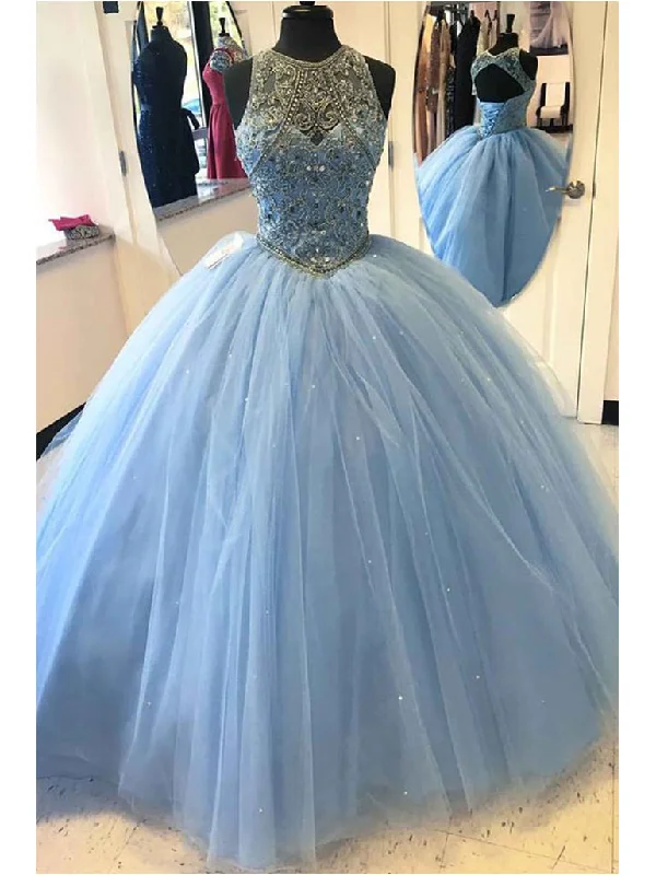 Can't Miss Light Sky Blue Prom Dresses Scoop Floor-length Rhinestone Sexy Prom Dress/Evening Dress JKL281