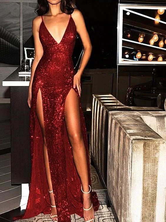 Price Rollback Sparkly Prom Dresses Burgundy V-neck Long Prom Dress with Slit Sexy Evening Dress JKL1185