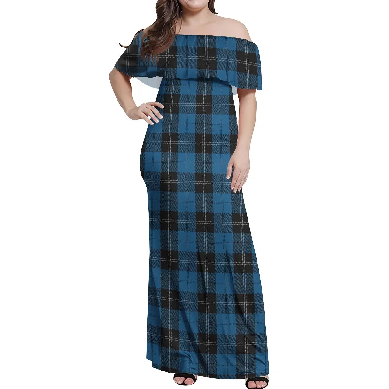 Instant Savings Ramsay Blue Hunting Tartan Off Shoulder Long Dress
