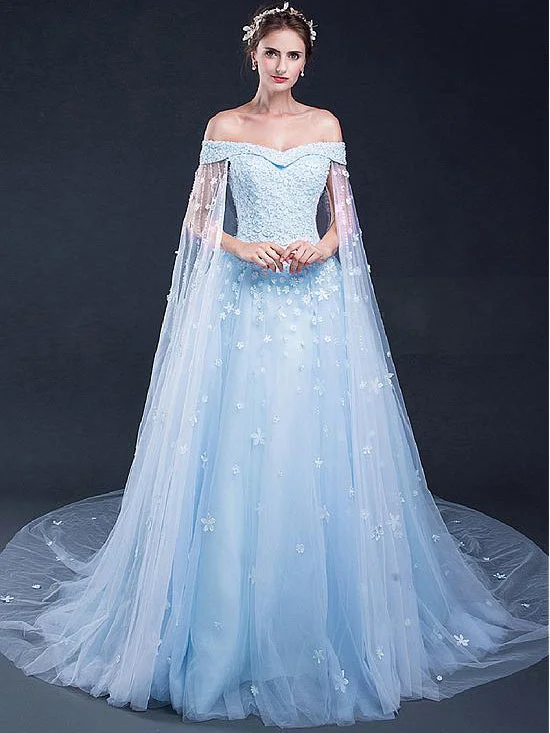 Deep Discounts Light Sky Blue Prom Dresses Off-the-shoulder Sweep/Brush Train Tulle Prom Dress/Evening Dress JKL166