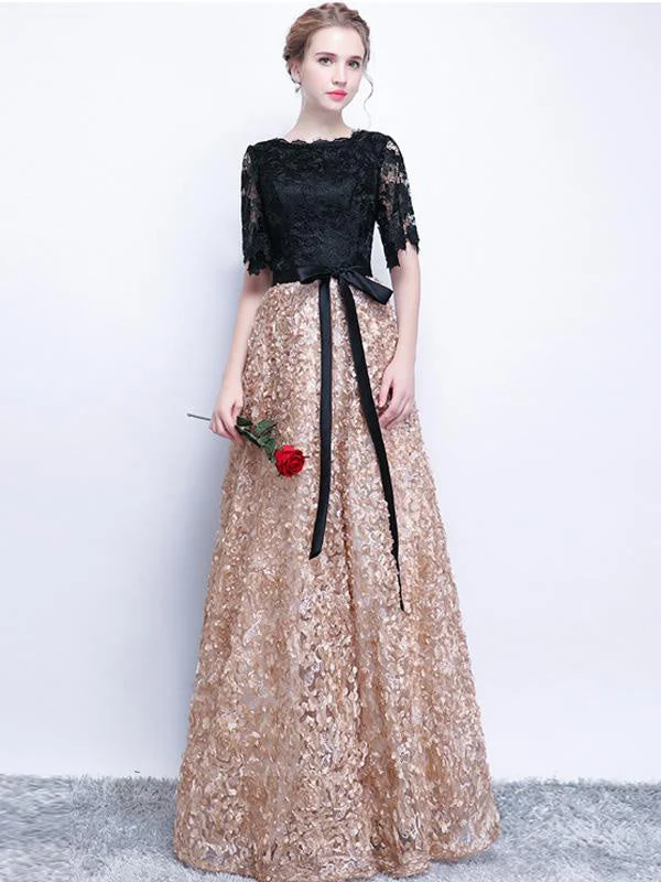 Mega Sale Black Prom Dresses A-line Half Sleeve Long Prom Dress Sexy Evening Dress JKL521