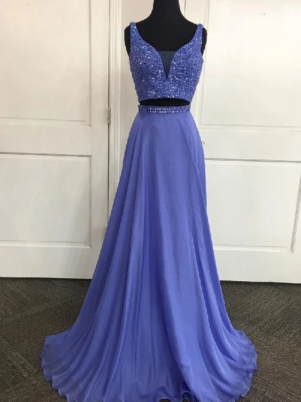 Price Reduction Two Piece Prom Dresses Straps Rhinestone Chiffon Chic Sparkly Long Prom Dress JKS299