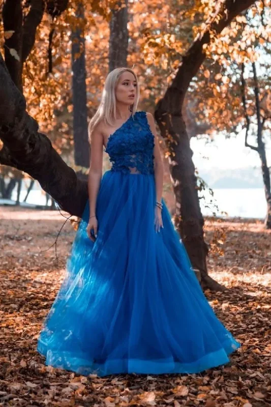 Great Deals Blue one shoulder tulle lace long prom dress, blue tulle formal dress GJS721