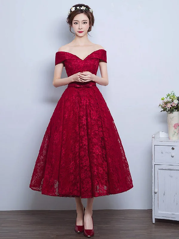 Closeout Sale Burgundy Homecoming Dress Lace-up Tea-length Short Prom Dress Party Dress JK315