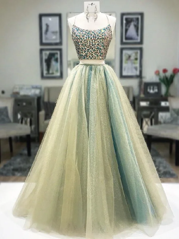 Limited Stock Two Pieces Spaghetti Straps Long Prom Dress Beaded Modest Cheap Evening Dress NA4006